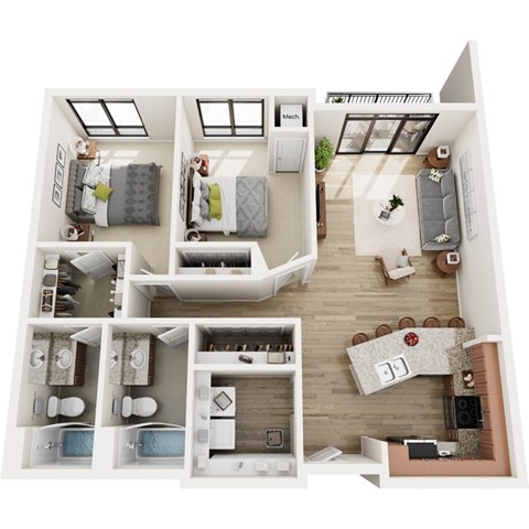 Floor plan for 2 beds, 2 baths, 1253 sqft